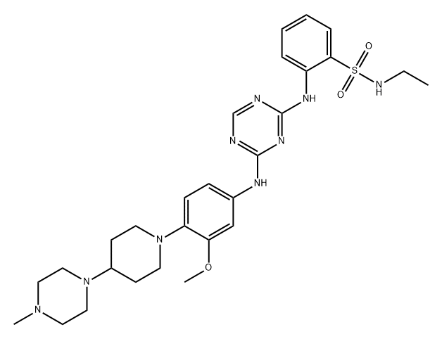 Benzenesulfonamide, N-ethyl-2-[[4-[[3-methoxy-4-[4-(4-methyl-1-piperazinyl)-1-piperidinyl]phenyl]amino]-1,3,5-triazin-2-yl]amino]- Structure