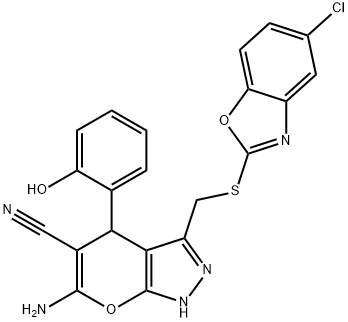 Pyrano[2,3-c]pyrazole-5-carbonitrile, 6-amino-3-[[(5-chloro-2-benzoxazolyl)thio]methyl]-1,4-dihydro-4-(2-hydroxyphenyl)- Structure