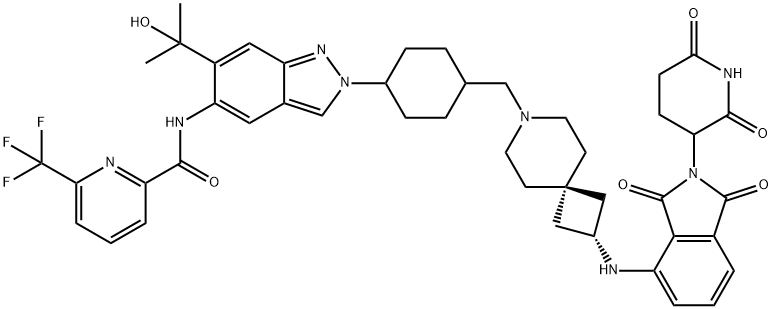 2-Pyridinecarboxamide, N-[2-[trans-4-[[2-[[2-(2,6-dioxo-3-piperidinyl)-2,3-dihydro-1,3-dioxo-1H-isoindol-4-yl]amino]-7-azaspiro[3.5]non-7-yl]methyl]cyclohexyl]-6-(1-hydroxy-1-methylethyl)-2H-indazol-5-yl]-6-(trifluoromethyl)- Structure