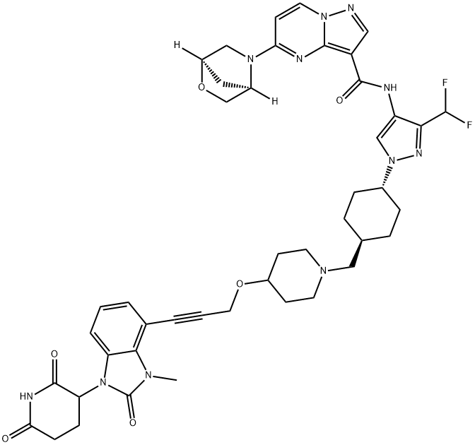 Pyrazolo[1,5-a]pyrimidine-3-carboxamide, N-[3-(difluoromethyl)-1-[trans-4-[[4-[[3-[1-(2,6-dioxo-3-piperidinyl)-2,3-dihydro-3-methyl-2-oxo-1H-benzimidazol-4-yl]-2-propyn-1-yl]oxy]-1-piperidinyl]methyl]cyclohexyl]-1H-pyrazol-4-yl]-5-(1R,4R)-2-oxa-5-azabicyclo[2.2.1]hept-5-yl- 구조식 이미지