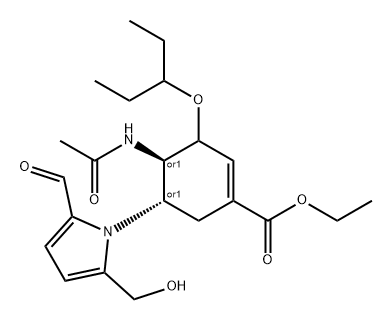 1-Cyclohexene-1-carboxylic acid, 4-(acetylamino)-3-(1-ethylpropoxy)-5-[2-formyl-5-(hydroxymethyl)-1H-pyrrol-1-yl]-, ethyl ester, (4R,5S)-rel- 구조식 이미지
