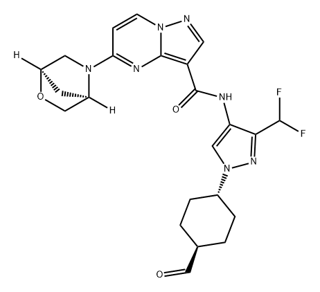 Pyrazolo[1,5-a]pyrimidine-3-carboxamide, N-[3-(difluoromethyl)-1-(trans-4-formylcyclohexyl)-1H-pyrazol-4-yl]-5-(1R,4R)-2-oxa-5-azabicyclo[2.2.1]hept-5-yl- 구조식 이미지