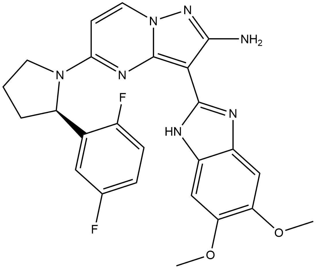 (R)-5-(2-(2,5-difluorophenyl)pyrrolidin-1-yl)-3-(5,6-dimethoxy-1H-benzo[d]imidazol-2-yl)pyrazolo[1,5-a]pyrimidin-2-amine Structure