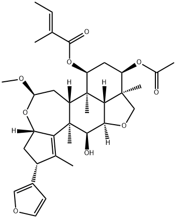 2-Butenoic acid, 2-methyl-, (2R,3aS,5R,6aR,6bR,7S,9R,9aR,11aR,11bR,12S,12aR)-9-(acetyloxy)-2-(3-furanyl)-3,3a,6,6a,6b,7,8,9,9a,10,11a,11b,12,12a-tetradecahydro-12-hydroxy-5-methoxy-1,6b,9a,12a-tetramethyl-2H,5H-cyclopent[a]isobenzofuro[7,1-gh][3]benzoxepin-7-yl ester, (2E)- Structure