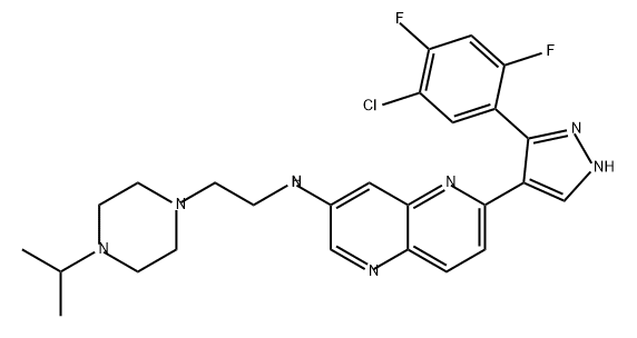 1,5-Naphthyridin-3-amine, 6-[3-(5-chloro-2,4-difluorophenyl)-1H-pyrazol-4-yl]-N-[2-[4-(1-methylethyl)-1-piperazinyl]ethyl]- Structure