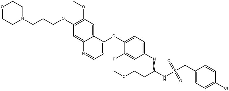 Propanimidamide, N-[[(4-chlorophenyl)methyl]sulfonyl]-N'-[3-fluoro-4-[[6-methoxy-7-[3-(4-morpholinyl)propoxy]-4-quinolinyl]oxy]phenyl]-3-methoxy- Structure