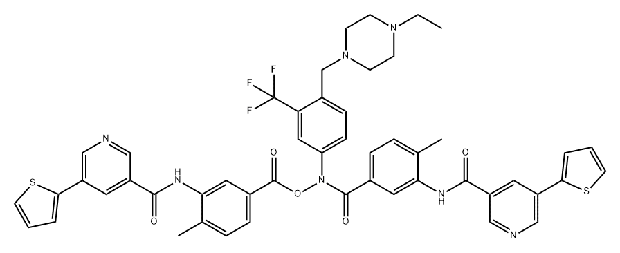 Benzoic acid, 4-methyl-3-[[[5-(2-thienyl)-3-pyridinyl]carbonyl]amino]-, [4-[(4-ethyl-1-piperazinyl)methyl]-3-(trifluoromethyl)phenyl][4-methyl-3-[[[5-(2-thienyl)-3-pyridinyl]carbonyl]amino]benzoyl]azanyl ester 구조식 이미지