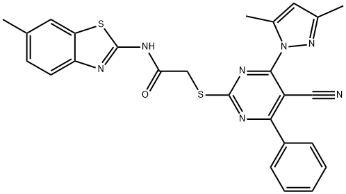 Acetamide, 2-[[5-cyano-4-(3,5-dimethyl-1H-pyrazol-1-yl)-6-phenyl-2-pyrimidinyl]thio]-N-(6-methyl-2-benzothiazolyl)- Structure