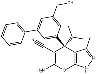 Pyrano[2,3-c]pyrazole-5-carbonitrile, 6-amino-1,4-dihydro-4-[5-(hydroxymethyl)[1,1'-biphenyl]-3-yl]-3-methyl-4-(1-methylethyl)-, (4S)- 구조식 이미지