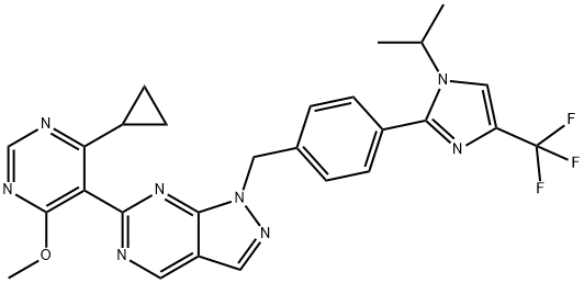 1H-Pyrazolo[3,4-d]pyrimidine, 6-(4-cyclopropyl-6-methoxy-5-pyrimidinyl)-1-[[4-[1-(1-methylethyl)-4-(trifluoromethyl)-1H-imidazol-2-yl]phenyl]methyl]- Structure