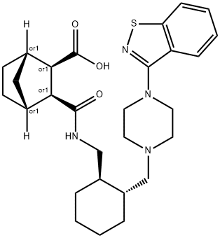 Bicyclo[2.2.1]?heptane-?2-?carboxylic acid, 3-?[[[[(1R,?2R)?-?2-?[[4-?(1,?2-?benzisothiazol-?3-?yl)?-?1-?piperazinyl]?methyl]?cyclohexyl]?methyl]?amino]?carbonyl]?-?, (1S,?2R,?3S,?4R)?-?rel- Structure
