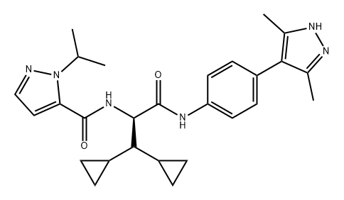 1H-Pyrazole-5-carboxamide, N-[(1R)-2,2-dicyclopropyl-1-[[[4-(3,5-dimethyl-1H-pyrazol-4-yl)phenyl]amino]carbonyl]ethyl]-1-(1-methylethyl)- Structure