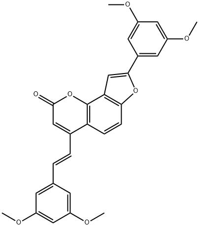 2H-Furo[2,3-h]-1-benzopyran-2-one, 8-(3,5-dimethoxyphenyl)-4-[(1E)-2-(3,5-dimethoxyphenyl)ethenyl]- Structure