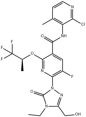 3-Pyridinecarboxamide, N-(2-chloro-4-methyl-3-pyridinyl)-6-[4-ethyl-4,5-dihydro-3-(hydroxymethyl)-5-oxo-1H-1,2,4-triazol-1-yl]-5-fluoro-2-[(1S)-2,2,2-trifluoro-1-methylethoxy]- Structure