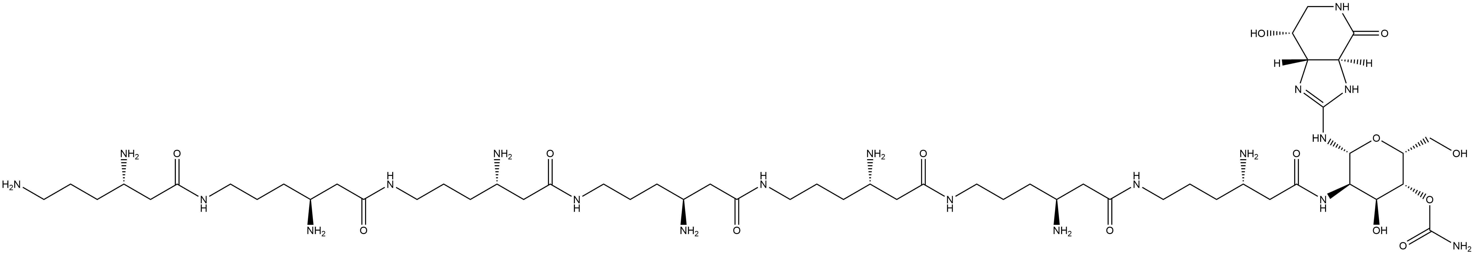 4H-Imidazo[4,5-c]pyridin-4-one, 2-[[4-O-(aminocarbonyl)-2-deoxy-2-[[(3S,10S,17S,24S,31S,38S,45S)-3,10,17,24,31,38,45,48-octaamino-1,8,15,22,29,36,43-heptaoxo-7,14,21,28,35,42-hexaazaoctatetracont-1-yl]amino]-β-D-gulopyranosyl]amino]-3,3a,5,6,7,7a-hexahydro-7-hydroxy-, (3aS,7R,7aS)- Structure