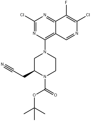 1-Piperazinecarboxylic acid, 2-(cyanomethyl)-4-(2,7-dichloro-8-fluoropyrido[4,3-d]pyrimidin-4-yl)-, 1,1-dimethylethyl ester, (2S)- Structure