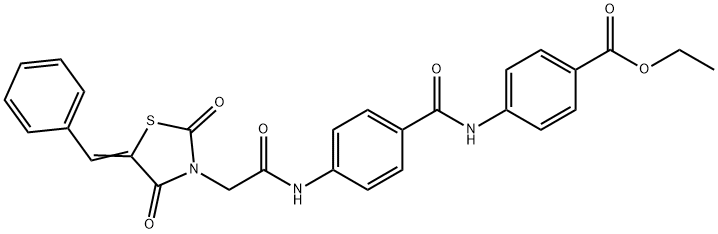 Benzoic acid, 4-[[4-[[2-[2,4-dioxo-5-(phenylmethylene)-3-thiazolidinyl]acetyl]amino]benzoyl]amino]-, ethyl ester Structure