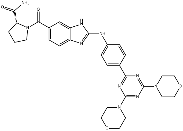 2-Pyrrolidinecarboxamide, 1-[[2-[[4-(4,6-di-4-morpholinyl-1,3,5-triazin-2-yl)phenyl]amino]-1H-benzimidazol-6-yl]carbonyl]-, (2R)- Structure