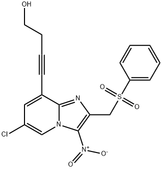 3-Butyn-1-ol, 4-[6-chloro-3-nitro-2-[(phenylsulfonyl)methyl]imidazo[1,2-a]pyridin-8-yl]- Structure