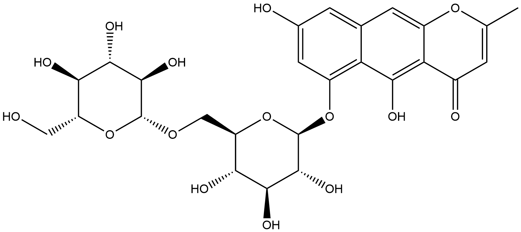 4H-Naphtho[2,3-b]pyran-4-one, 6-[(6-O-β-D-glucopyranosyl-β-D-glucopyranosyl)oxy]-5,8-dihydroxy-2-methyl- Structure