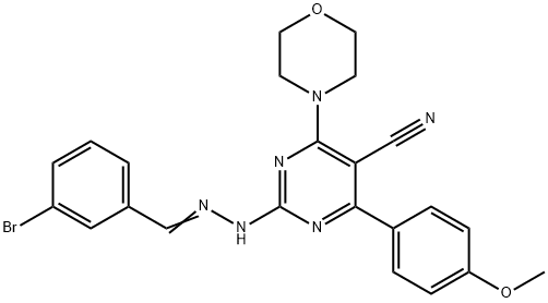 5-Pyrimidinecarbonitrile, 2-[2-[(3-bromophenyl)methylene]hydrazinyl]-4-(4-methoxyphenyl)-6-(4-morpholinyl)- Structure