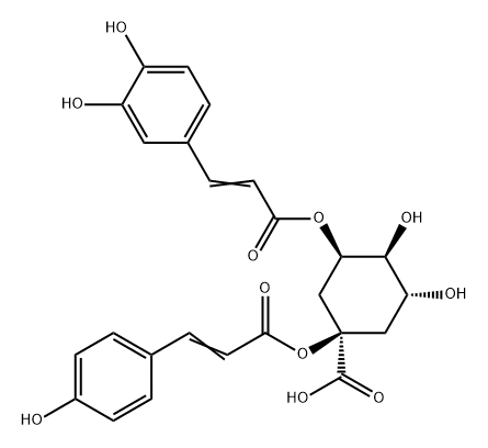 Cyclohexanecarboxylic acid, 3-[[3-(3,4-dihydroxyphenyl)-1-oxo-2-propen-1-yl]oxy]-4,5-dihydroxy-1-[[3-(4-hydroxyphenyl)-1-oxo-2-propen-1-yl]oxy]-, (1R,3R,4S,5R)- 구조식 이미지