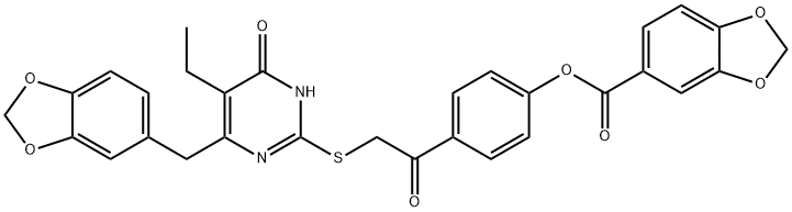 1,3-Benzodioxole-5-carboxylic acid, 4-[2-[[4-(1,3-benzodioxol-5-ylmethyl)-5-ethyl-1,6-dihydro-6-oxo-2-pyrimidinyl]thio]acetyl]phenyl ester Structure