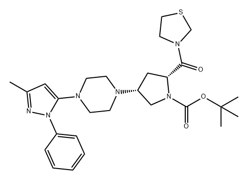 1-Pyrrolidinecarboxylic acid, 4-[4-(3-methyl-1-phenyl-1H-pyrazol-5-yl)-1-piperazinyl]-2-(3-thiazolidinylcarbonyl)-, 1,1-dimethylethyl ester, (2R,4R)- Structure