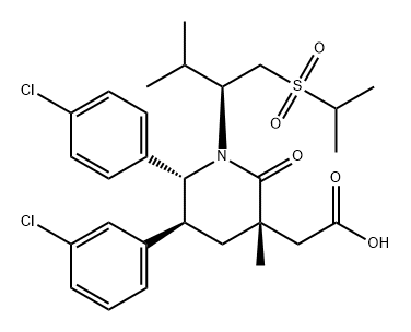 3-Piperidineacetic acid, 5-(3-chlorophenyl)-6-(4-chlorophenyl)-3-methyl-1-[(1S)-2-methyl-1-[[(1-methylethyl)sulfonyl]methyl]propyl]-2-oxo-, (3S,5S,6R)- 구조식 이미지