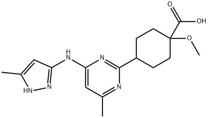 Cyclohexanecarboxylic acid, 1-methoxy-4-[4-methyl-6-[(5-methyl-1H-pyrazol-3-yl)amino]-2-pyrimidinyl]- Structure