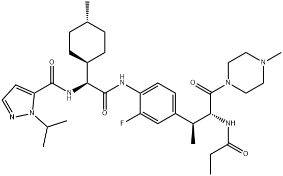 1H-Pyrazole-5-carboxamide, N-[(1S)-2-[[2-fluoro-4-[(1S,2R)-1-methyl-3-(4-methyl-1-piperazinyl)-3-oxo-2-[(1-oxopropyl)amino]propyl]phenyl]amino]-1-(trans-4-methylcyclohexyl)-2-oxoethyl]-1-(1-methylethyl)- Structure