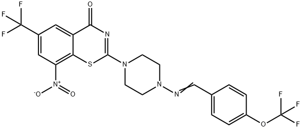 4H-1,3-Benzothiazin-4-one, 8-nitro-2-[4-[[[4-(trifluoromethoxy)phenyl]methylene]amino]-1-piperazinyl]-6-(trifluoromethyl)- Structure