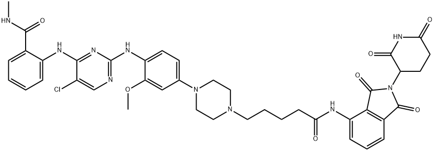 1-Piperazinepentanamide, 4-[4-[[5-chloro-4-[[2-[(methylamino)carbonyl]phenyl]amino]-2-pyrimidinyl]amino]-3-methoxyphenyl]-N-[2-(2,6-dioxo-3-piperidinyl)-2,3-dihydro-1,3-dioxo-1H-isoindol-4-yl]- 구조식 이미지