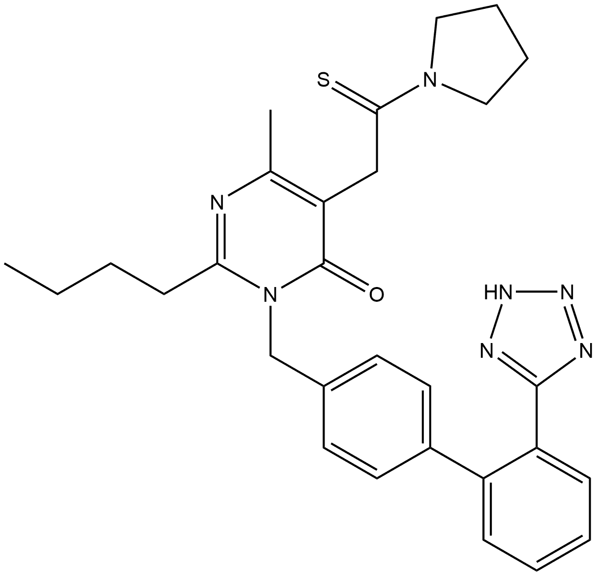 2-Butyl-6-methyl-5-[2-(1-pyrrolidinyl)-2-thioxoethyl]-3-[[2′-(2H-tetrazol-5-yl)[1,1′-biphenyl]-4-yl]methyl]-4(3H)-pyrimidinone Structure