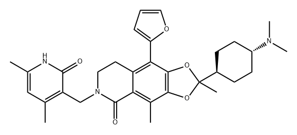 1,3-Dioxolo[4,5-g]isoquinolin-5(6H)-one, 6-[(1,2-dihydro-4,6-dimethyl-2-oxo-3-pyridinyl)methyl]-2-[trans-4-(dimethylamino)cyclohexyl]-9-(2-furanyl)-7,8-dihydro-2,4-dimethyl- Structure