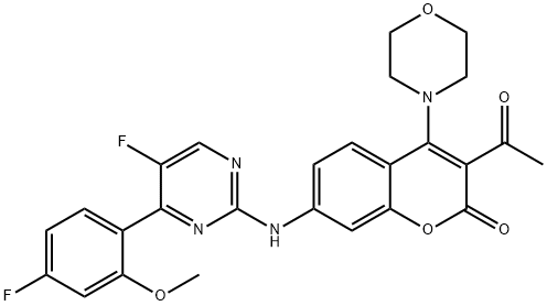 2H-1-Benzopyran-2-one, 3-acetyl-7-[[5-fluoro-4-(4-fluoro-2-methoxyphenyl)-2-pyrimidinyl]amino]-4-(4-morpholinyl)- Structure