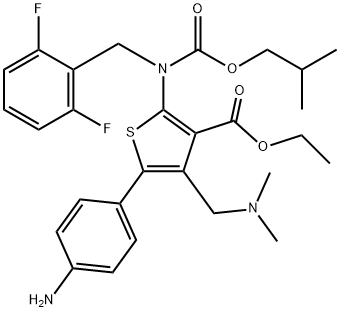 3-Thiophenecarboxylic acid, 5-(4-aminophenyl)-2-[[(2,6-difluorophenyl)methyl][(2-methylpropoxy)carbonyl]amino]-4-[(dimethylamino)methyl]-, ethyl ester Structure