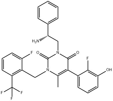 2,4(1H,3H)-Pyrimidinedione, 3-[(2R)-2-amino-2-phenylethyl]-5-(2-fluoro-3-hydroxyphenyl)-1-[[2-fluoro-6-(trifluoromethyl)phenyl]methyl]-6-methyl- Structure