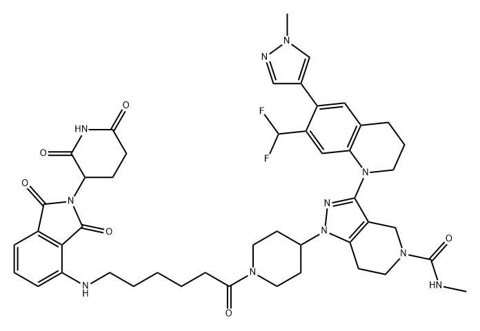 5H-Pyrazolo[4,3-c]pyridine-5-carboxamide, 3-[7-(difluoromethyl)-3,4-dihydro-6-(1-methyl-1H-pyrazol-4-yl)-1(2H)-quinolinyl]-1-[1-[6-[[2-(2,6-dioxo-3-piperidinyl)-2,3-dihydro-1,3-dioxo-1H-isoindol-4-yl]amino]-1-oxohexyl]-4-piperidinyl]-1,4,6,7-tetrahydro-N-methyl- 구조식 이미지