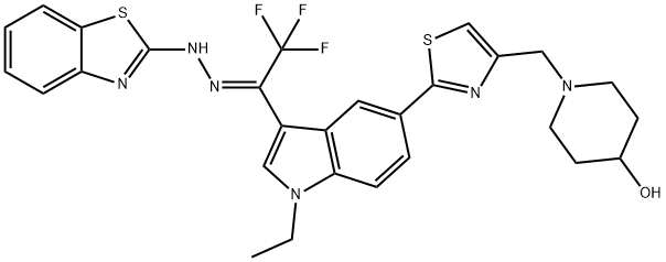 Ethanone, 1-[1-ethyl-5-[4-[(4-hydroxy-1-piperidinyl)methyl]-2-thiazolyl]-1H-indol-3-yl]-2,2,2-trifluoro-, 2-(2-benzothiazolyl)hydrazone, (1Z)- Structure