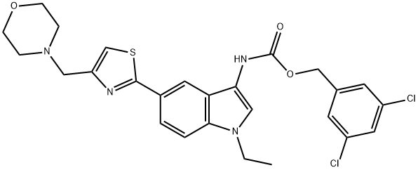 Carbamic acid, N-[1-ethyl-5-[4-(4-morpholinylmethyl)-2-thiazolyl]-1H-indol-3-yl]-, (3,5-dichlorophenyl)methyl ester Structure