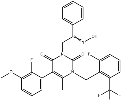 2,6(1H,3H)-Pyrimidinedione, 5-(2-fluoro-3-methoxyphenyl)-3-[[2-fluoro-6-(trifluoromethyl)phenyl]methyl]-1-[2-(hydroxyimino)-2-phenylethyl]-4-methyl- Structure