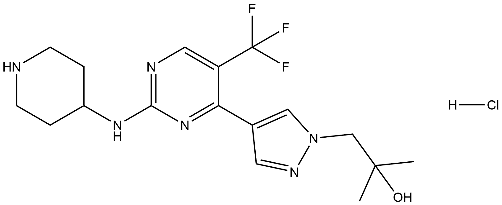 1H-Pyrazole-1-ethanol, α,α-dimethyl-4-[2-(4-piperidinylamino)-5-(trifluoromethyl)-4-pyrimidinyl]-, hydrochloride (1:1) 구조식 이미지