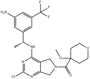 Methanone, [4-[[(1R)-1-[3-amino-5-(trifluoromethyl)phenyl]ethyl]amino]-2-chloro-5,7-dihydro-6H-pyrrolo[3,4-d]pyrimidin-6-yl](tetrahydro-4-methoxy-2H-pyran-4-yl)- 구조식 이미지