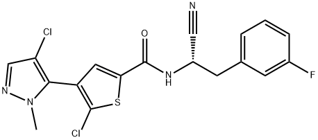 2-Thiophenecarboxamide, 5-chloro-4-(4-chloro-1-methyl-1H-pyrazol-5-yl)-N-[(1S)-1-cyano-2-(3-fluorophenyl)ethyl]- Structure