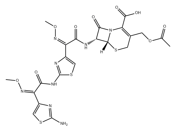 5-Thia-1-azabicyclo[4.2.0]oct-2-ene-2-carboxylic acid, 3-[(acetyloxy)methyl]-7-[[(2Z)-2-[2-[[(2Z)-2-(2-amino-4-thiazolyl)-2-(methoxyimino)acetyl]amino]-4-thiazolyl]-2-(methoxyimino)acetyl]amino]-8-oxo-, (6R,7R)- 구조식 이미지