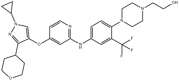 1-Piperazineethanol, 4-[4-[[4-[[1-cyclopropyl-3-(tetrahydro-2H-pyran-4-yl)-1H-pyrazol-4-yl]oxy]-2-pyridinyl]amino]-2-(trifluoromethyl)phenyl]- Structure