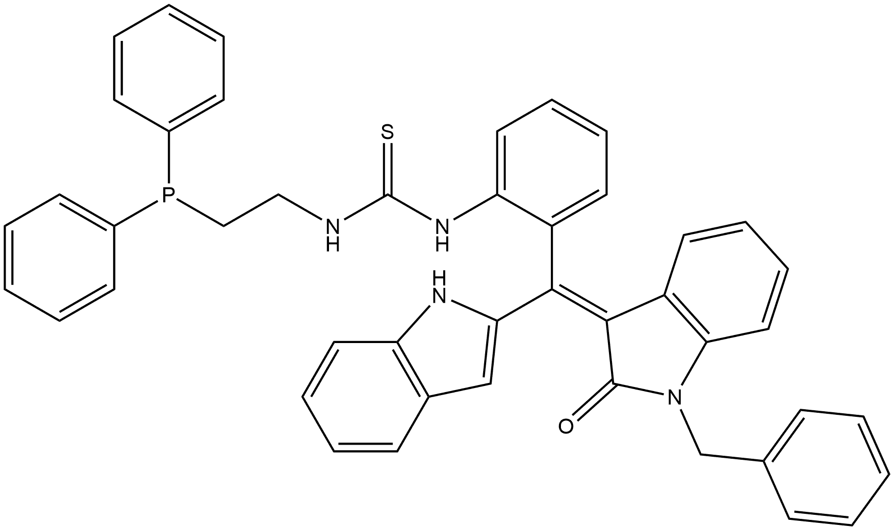 N-[(2R)-2-[(Z)-[1,2-Dihydro-2-oxo-1-(phenylmethyl)-3H-indol-3-ylidene]-1H-indol-2-ylmethyl]phenyl]-N′-[2-(diphenylphosphino)ethyl]thiourea Structure