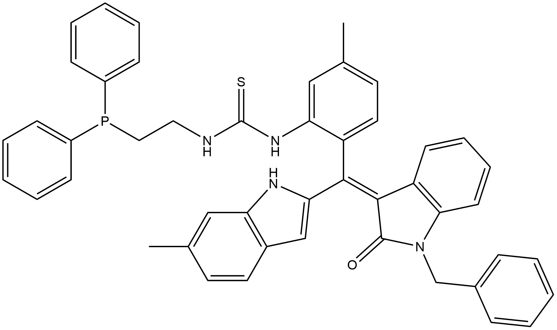 N-[(2R)-2-[(Z)-[1,2-Dihydro-2-oxo-1-(phenylmethyl)-3H-indol-3-ylidene](6-methyl-1H-indol-2-yl)methyl]-5-methylphenyl]-N′-[2-(diphenylphosphino)ethyl]thiourea Structure