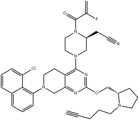 2-Piperazineacetonitrile, 4-[7-(8-chloro-1-naphthalenyl)-5,6,7,8-tetrahydro-2-[[(2S)-1-(4-pentyn-1-yl)-2-pyrrolidinyl]methoxy]pyrido[3,4-d]pyrimidin-4-yl]-1-(2-fluoro-1-oxo-2-propen-1-yl)-, (2S)- 구조식 이미지
